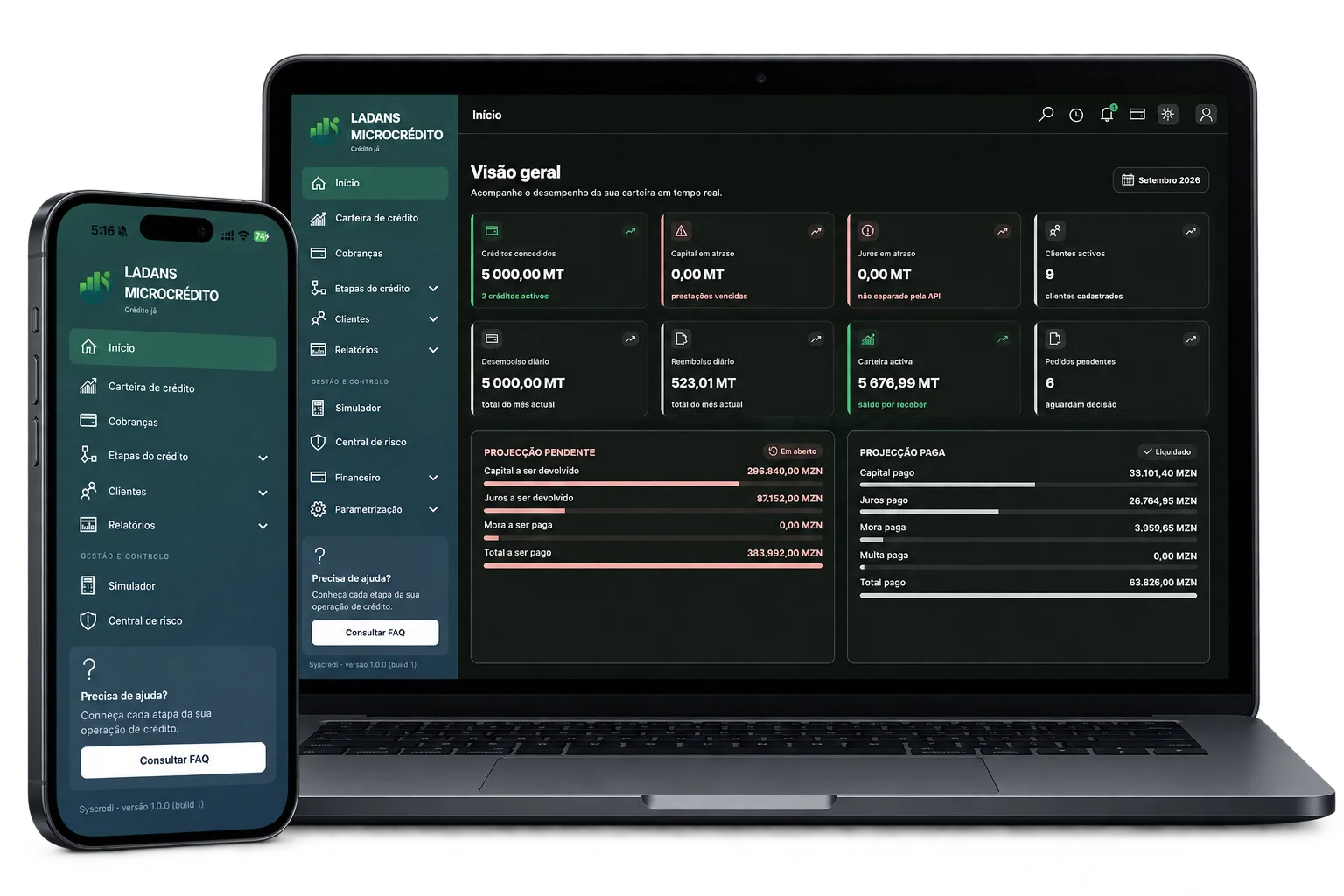 Dashboard do Syscredi na versão para computador.